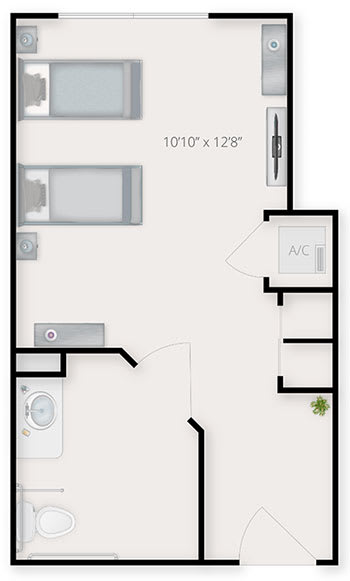 A floor plan showing the layout of a small apartment with labeled room dimensions.