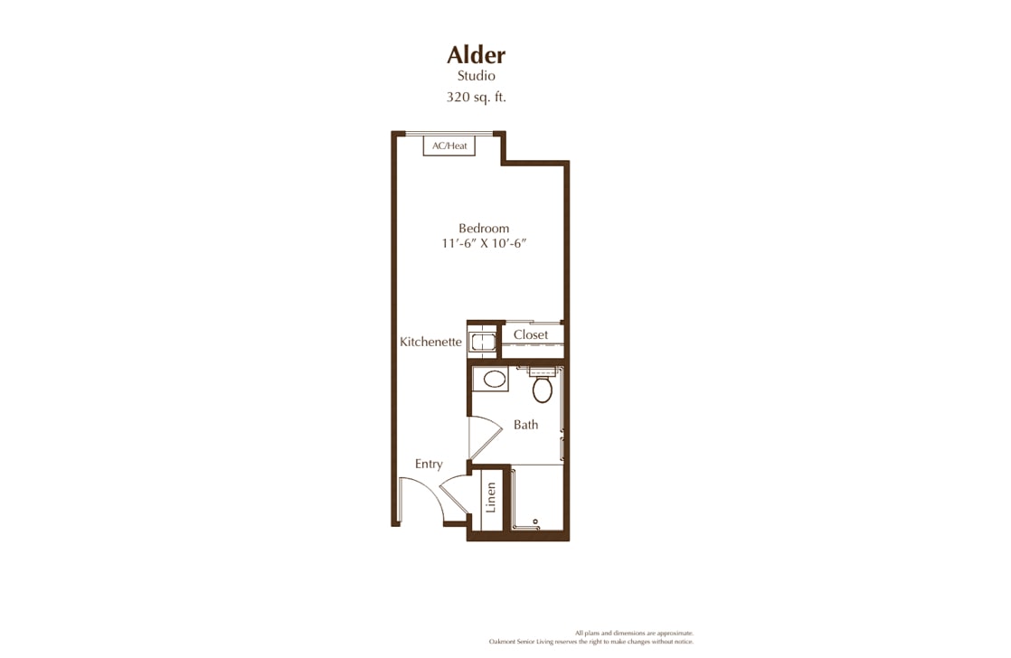 Studio apartment layout for Alder model, 474 sq. ft.