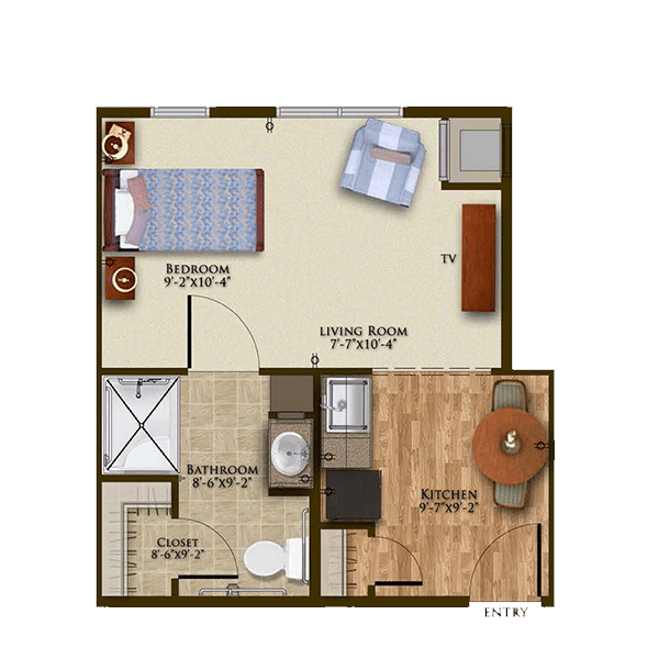 A one-bedroom apartment floor plan featuring a kitchen, living room, and bathroom.