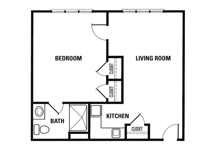 A simple floor plan of a one-bedroom apartment with a living room, kitchen, and bathroom.