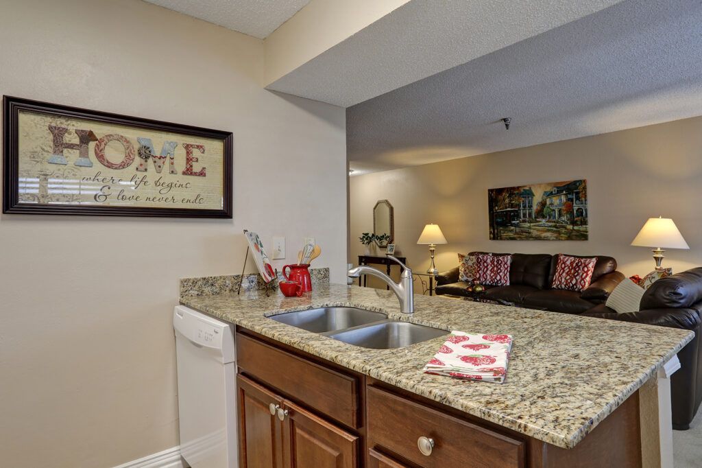 A kitchen with granite countertops and a stainless steel sink, showcasing cozy home decor.