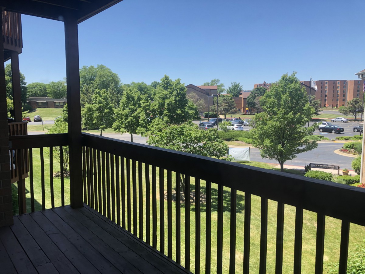 A sunny view from a balcony overlooking a grassy area and trees in a neighborhood.