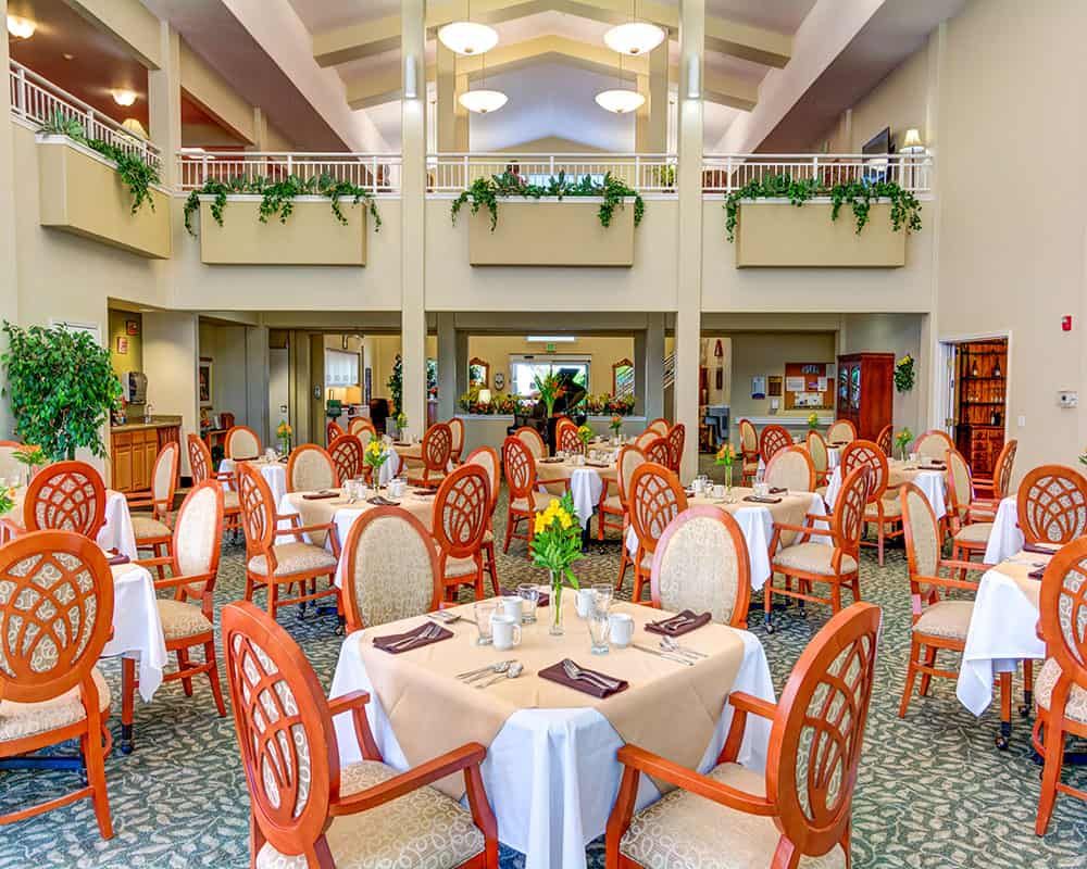 A well-lit restaurant dining area with neatly arranged tables and chairs, surrounded by indoor plants.