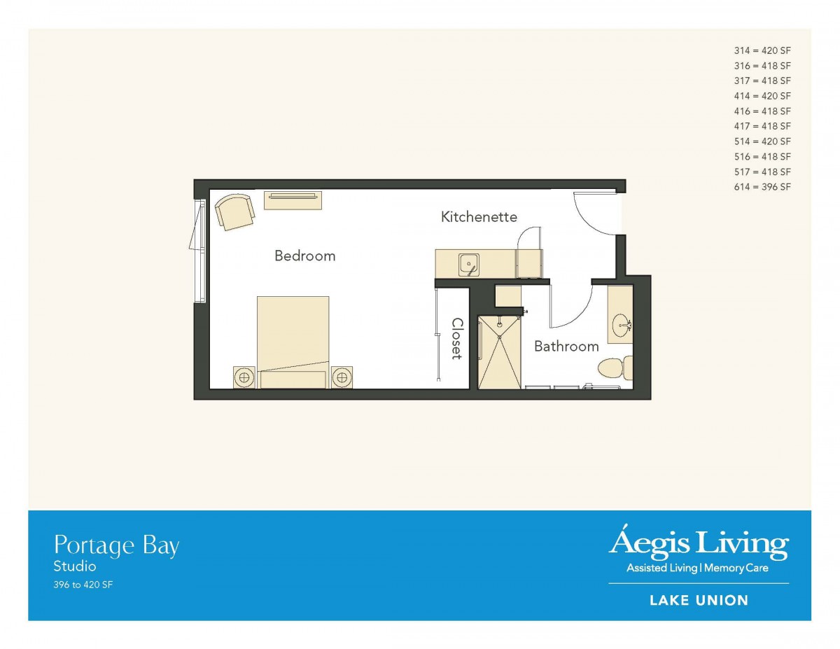 Floor plan of a studio apartment layout with bedroom, kitchenette, and bathroom.