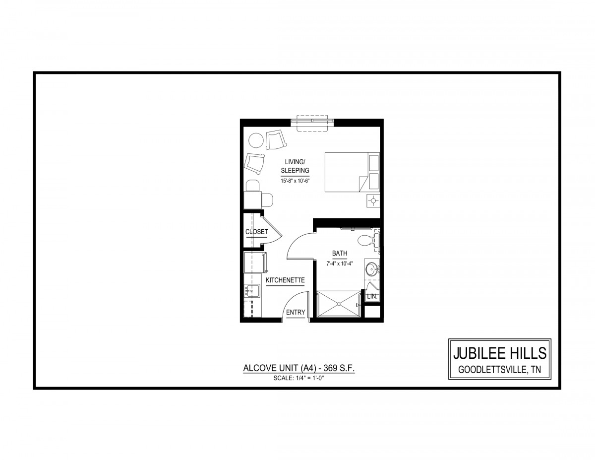 A floor plan of a one-bedroom apartment with a living area, kitchen, and bathroom.