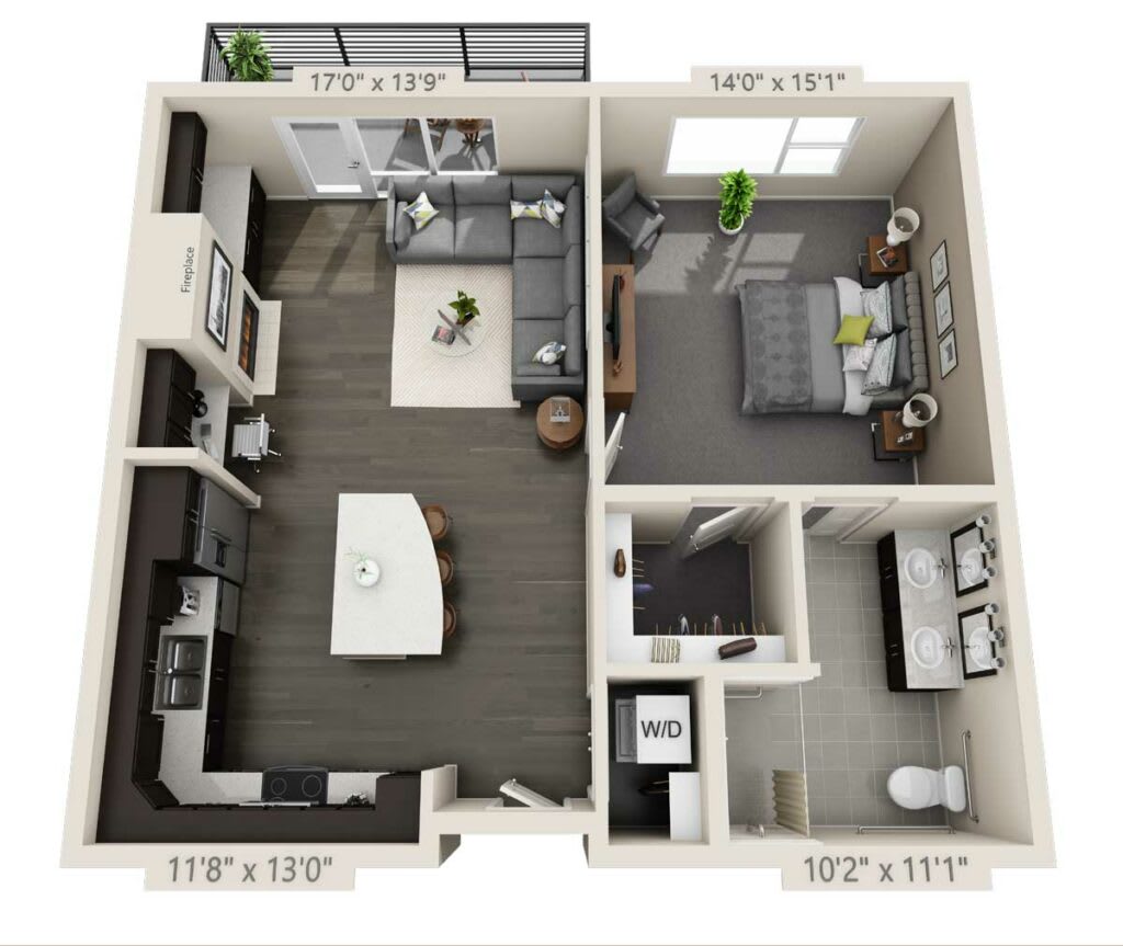 A modern one-bedroom apartment floor plan with an open living area and kitchen, featuring a cozy bedroom and a spacious bathroom.