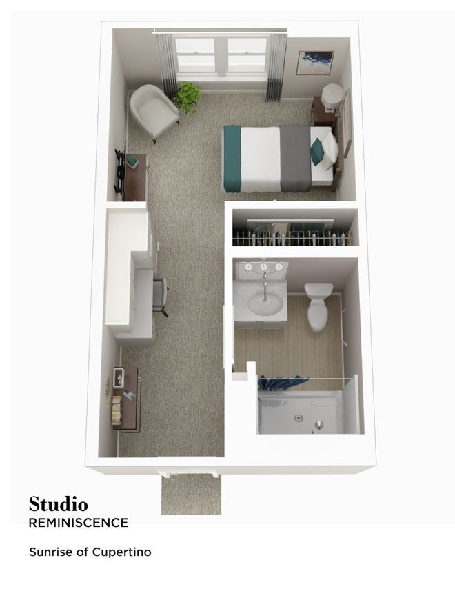 A 3D floor plan of a studio apartment featuring a bedroom area, bathroom, and kitchen.