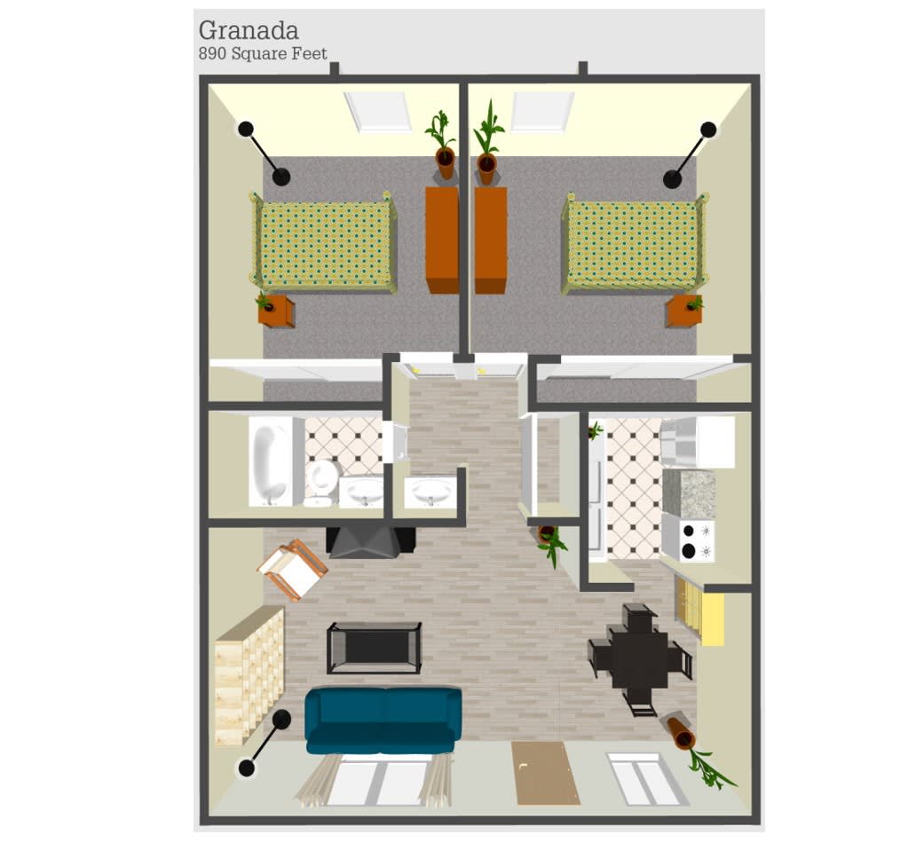 A floor plan of an apartment featuring two bedrooms, a living room, kitchen, and bathroom.