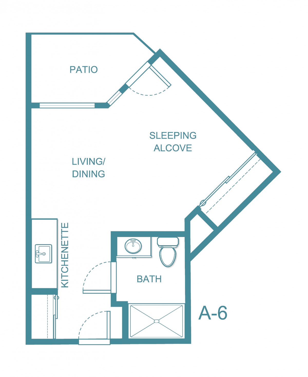 Studio apartment floor plan with a sleeping alcove and patio.