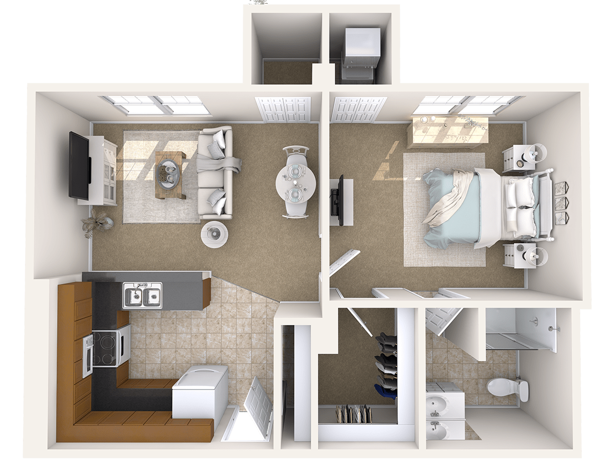 A detailed floor plan of a modern apartment showcasing a kitchen, living room, bedroom, and bathroom.