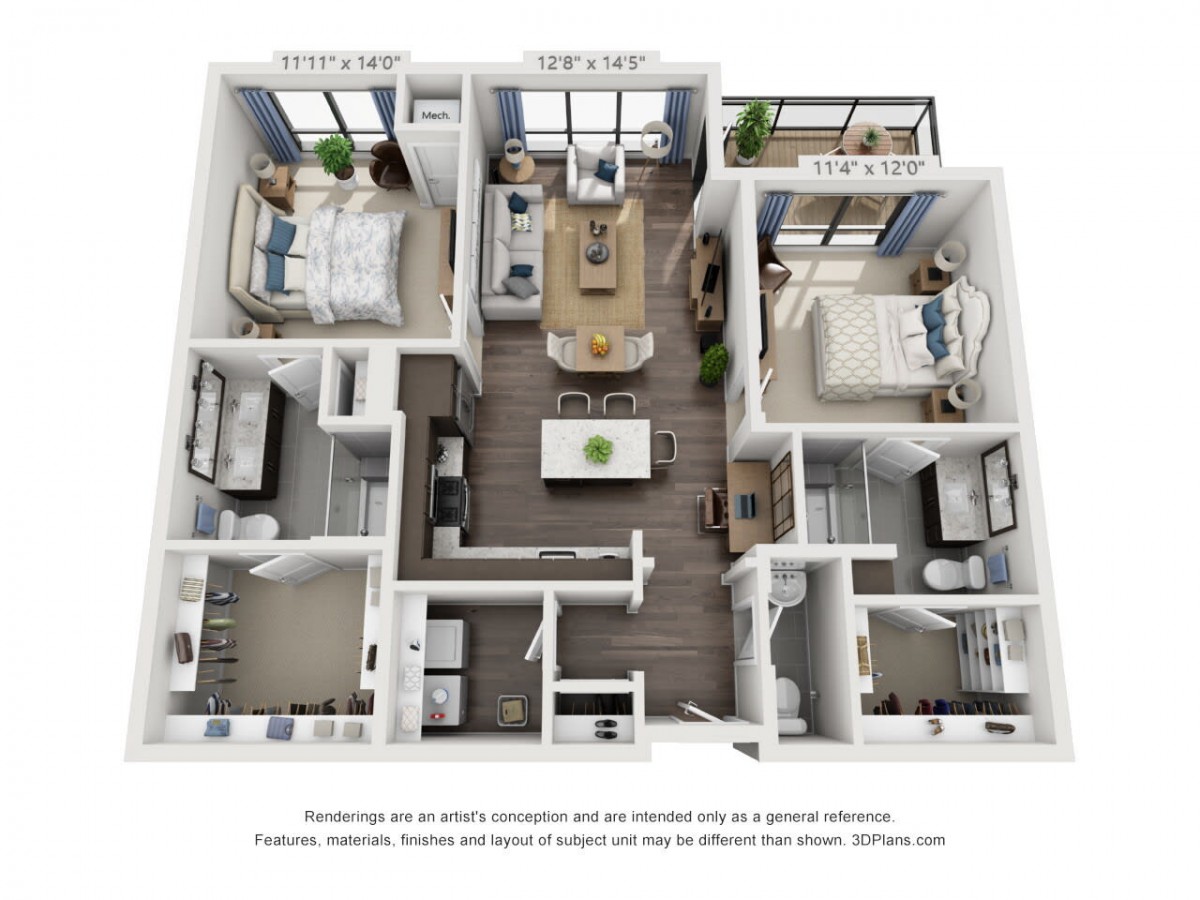 A 3D rendered floor plan of a modern apartment showcasing open living spaces and two bedrooms.