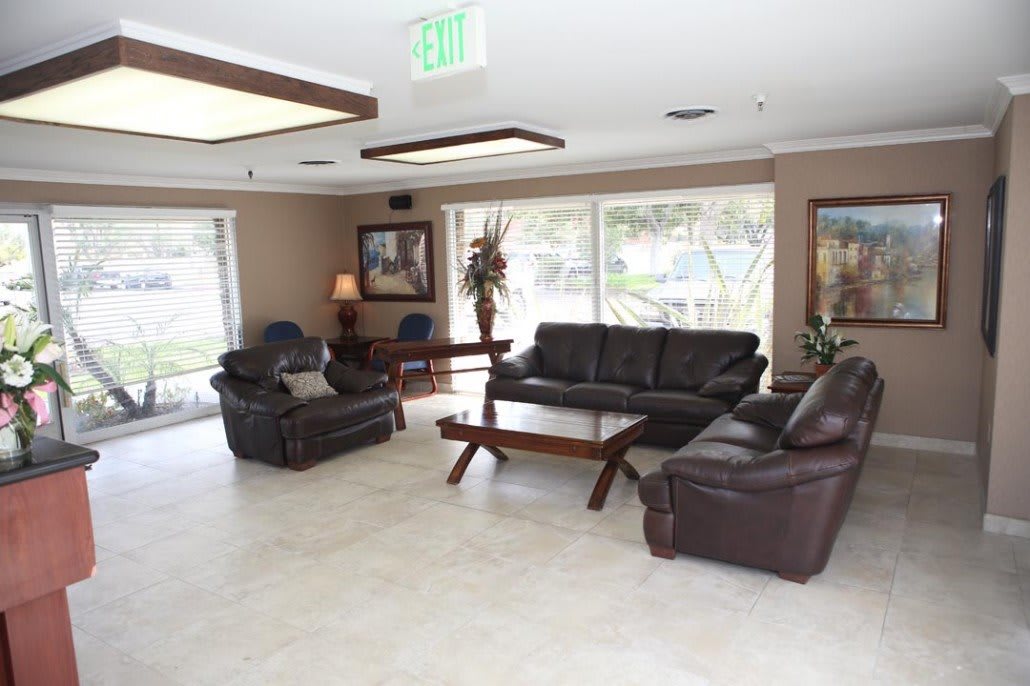 A spacious living room with leather sofas and natural lighting.
