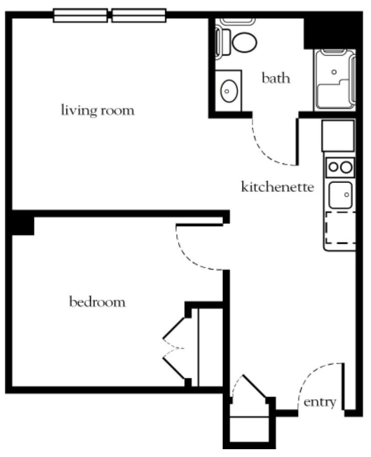 A floor plan of a one-bedroom apartment including a living room, kitchen, and bathroom.