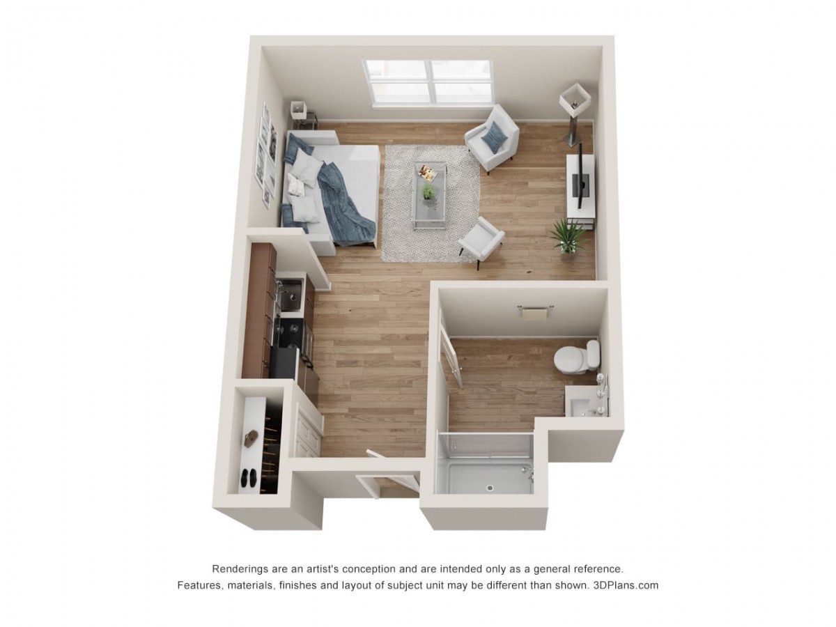 3D rendered floor plan of a modern apartment with a living area and kitchenette.