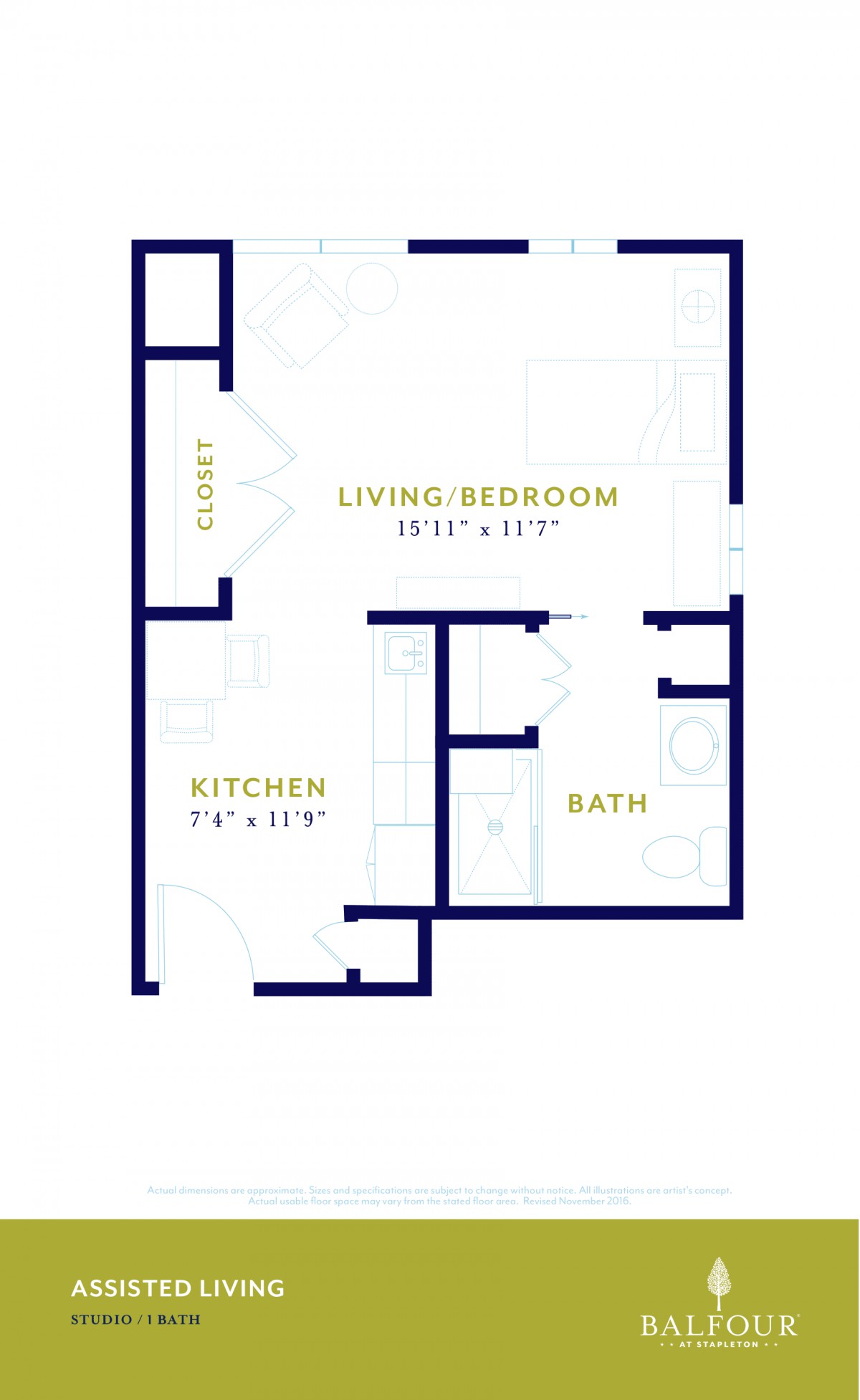 Studio apartment floor plan featuring living-bedroom, kitchen, and bath.