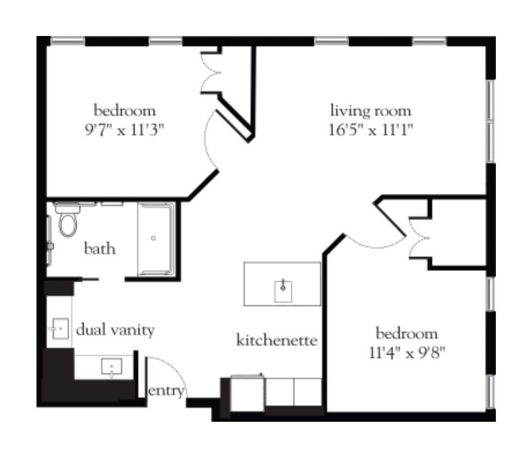 Floor plan of a two-bedroom apartment layout.