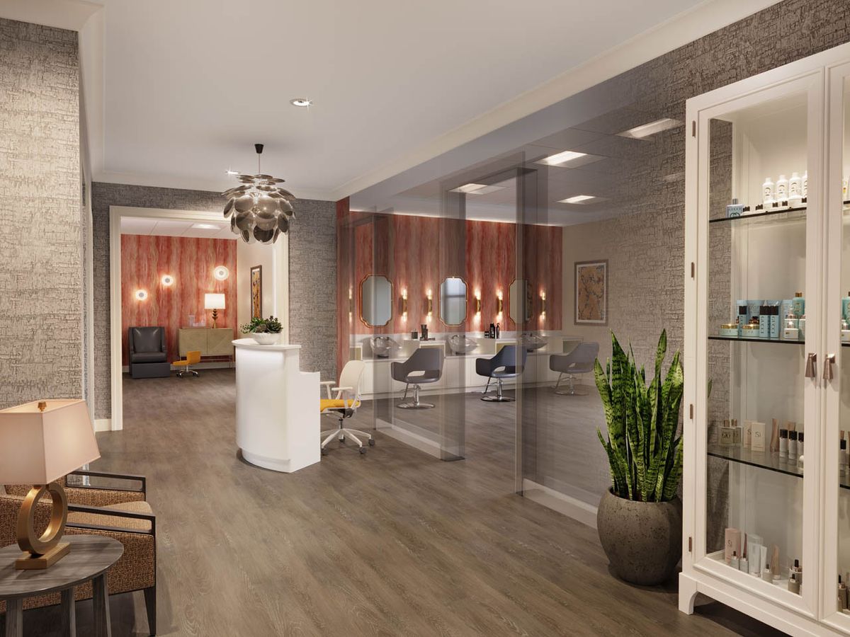 A modern reception area with stylish decor and comfortable seating.