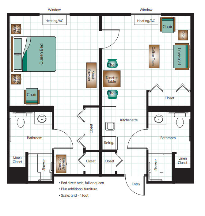 Two-bedroom, two-bathroom apartment floor plan with kitchen and living room.