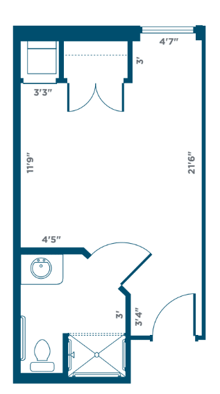 A simple floor plan layout with dimensions for a small room and bathroom.
