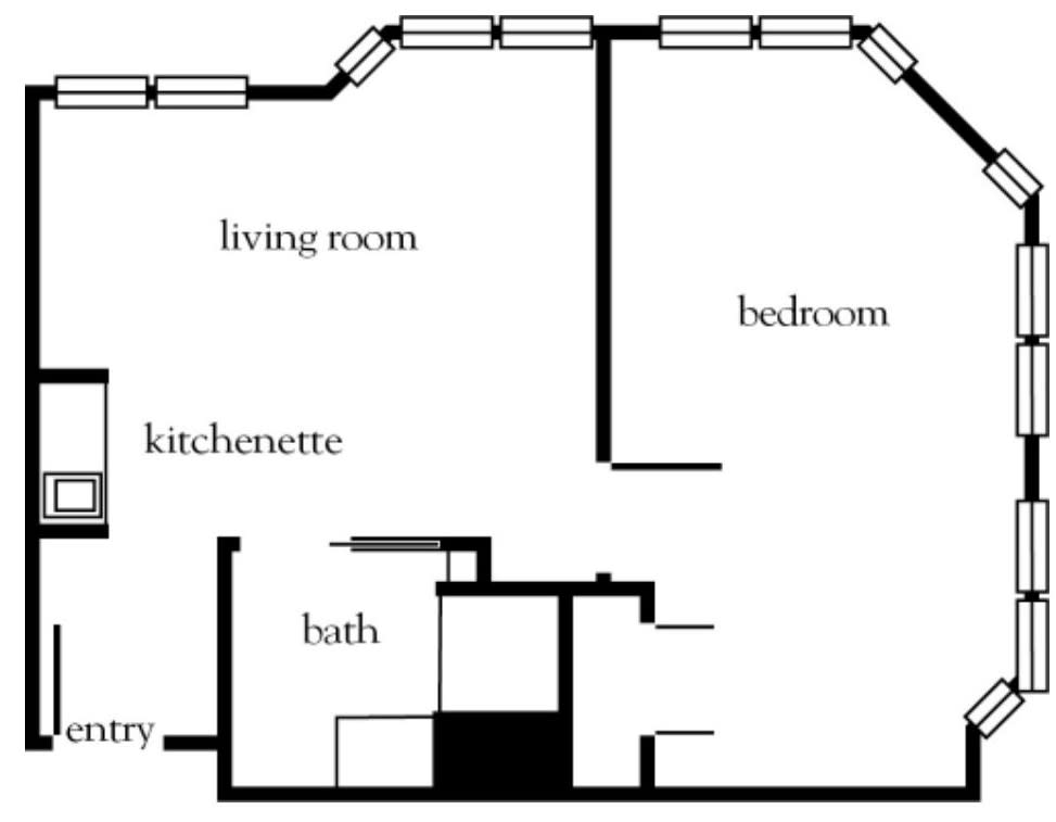 A simple floor plan depicting a living room, bedroom, kitchenette, bath, and entry.