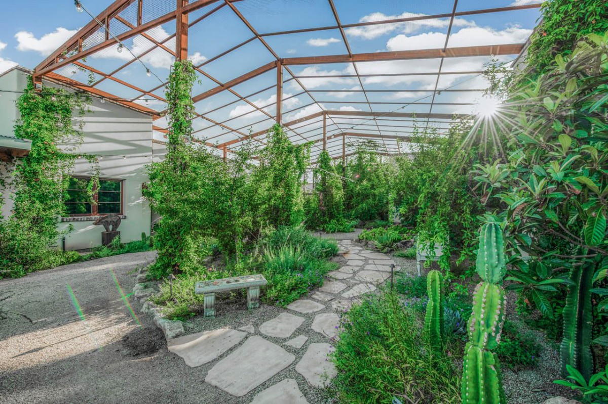 A lush greenhouse with a stone pathway surrounded by diverse plants and sunlight streaming through the roof.