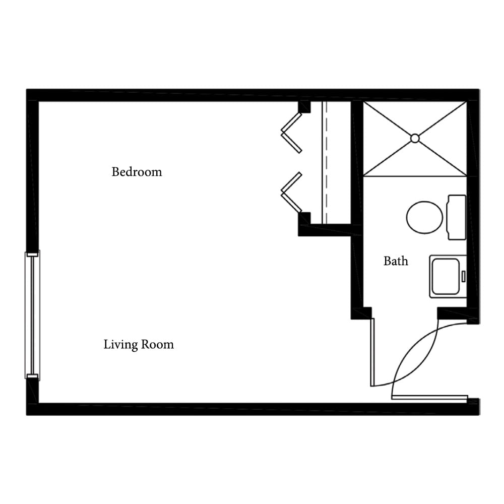 A floor plan of a studio apartment with designated bedroom, living room, and bathroom areas.