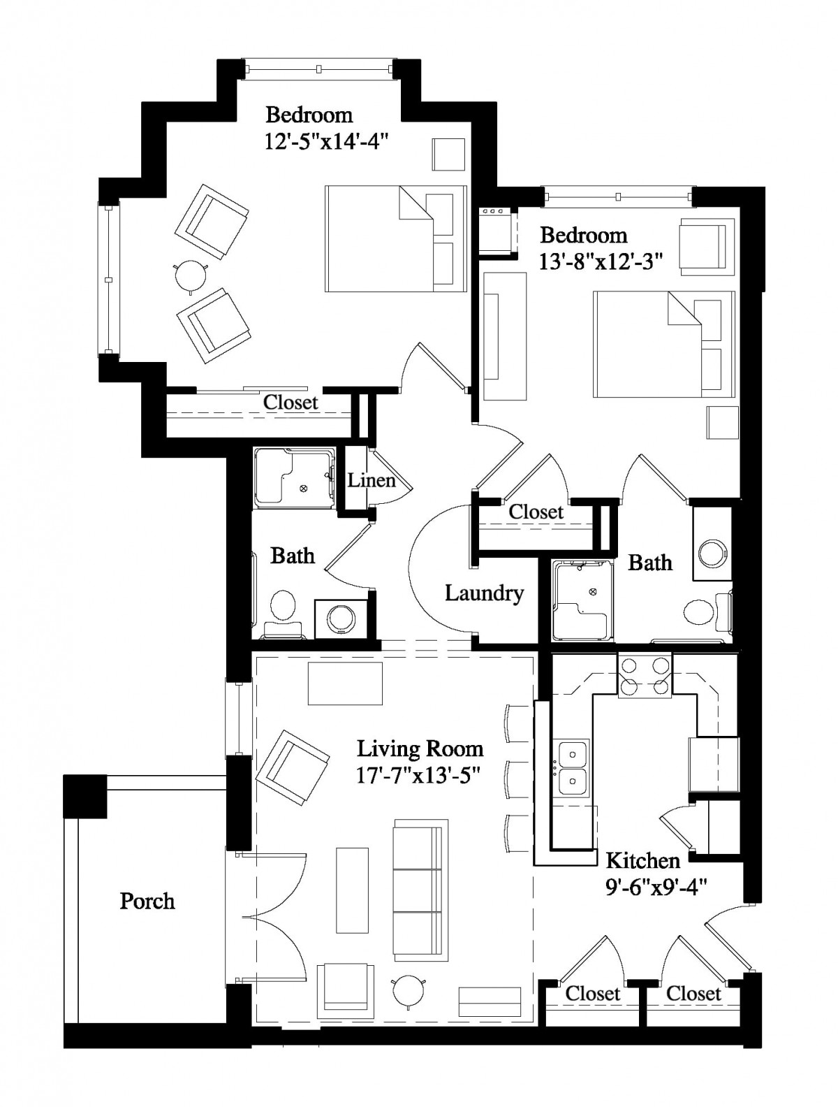 A detailed floor plan of an apartment featuring two bedrooms, a living room, kitchen, and patio.