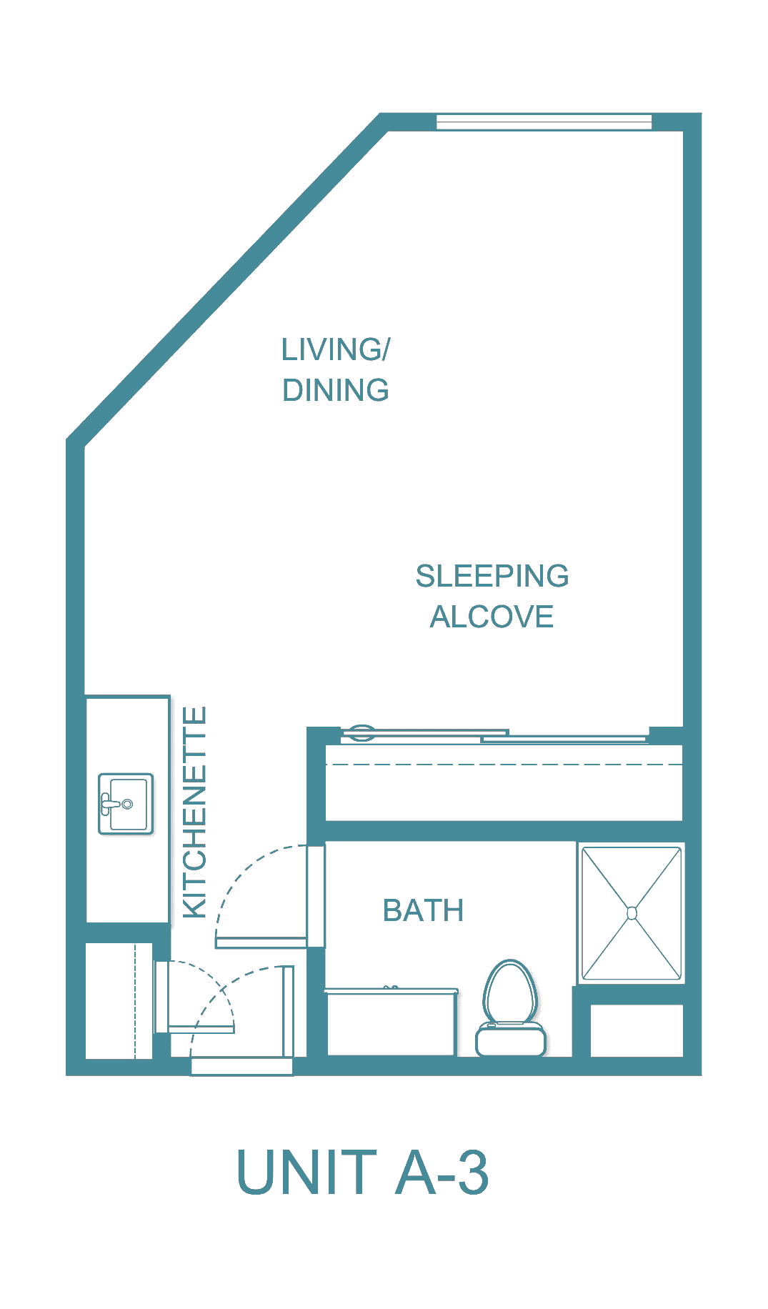 Floor plan of a studio apartment featuring a kitchenette, bathroom, living/dining area, and sleeping alcove.