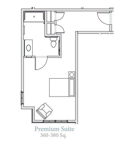 Floor plan of a premium suite covering an area of 580 square feet.
