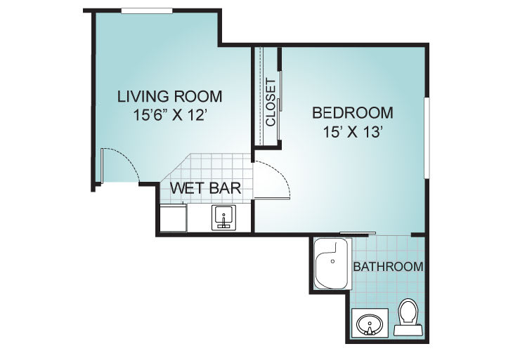A floor plan depicting an apartment layout with a living room, bedroom, bathroom, closet, and wet bar.