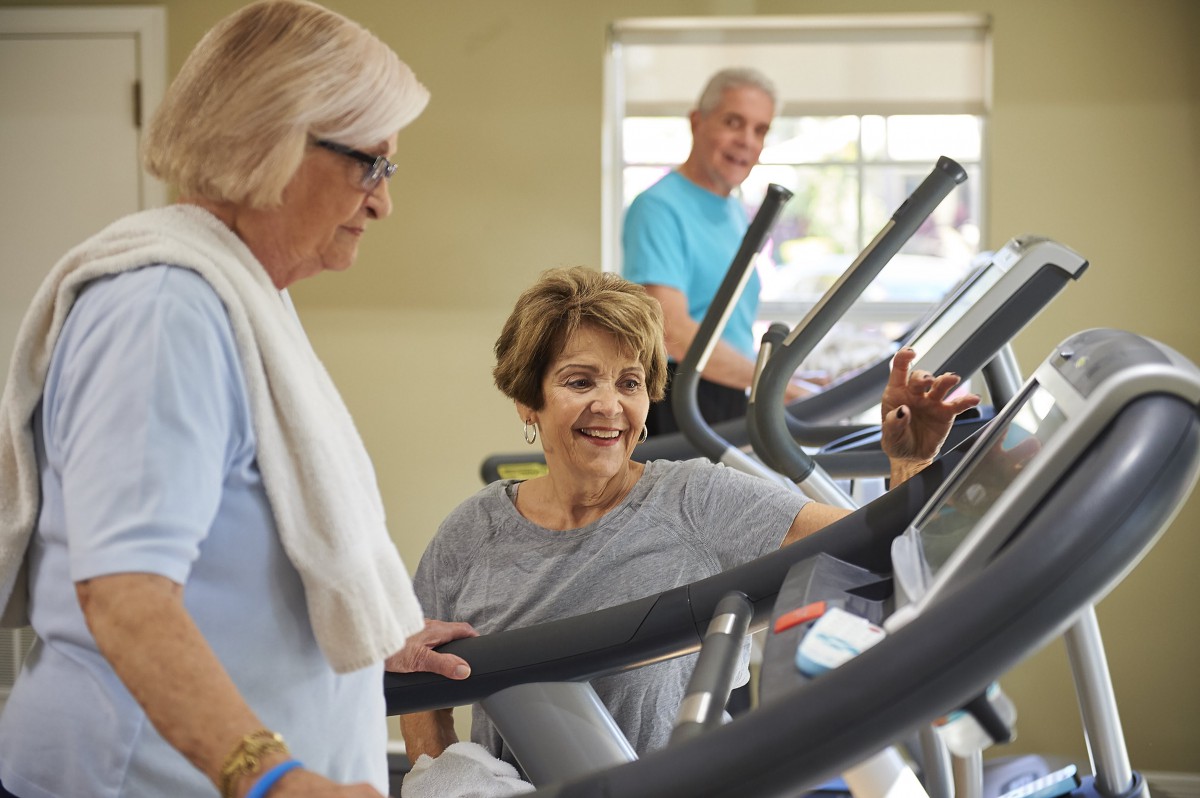 Seniors enjoying a workout together on treadmills at the gym.