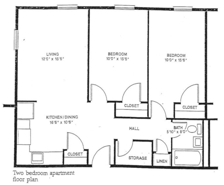 Architectural floor plan of a two-bedroom apartment layout.