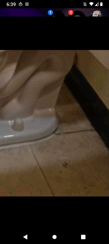 A curtain hanging over a tiled bathroom floor.