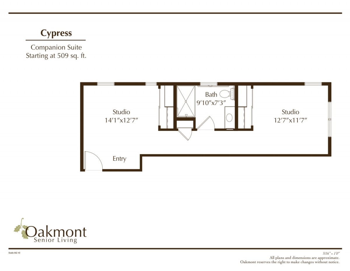 Floor plan of a studio apartment with labeled room dimensions.