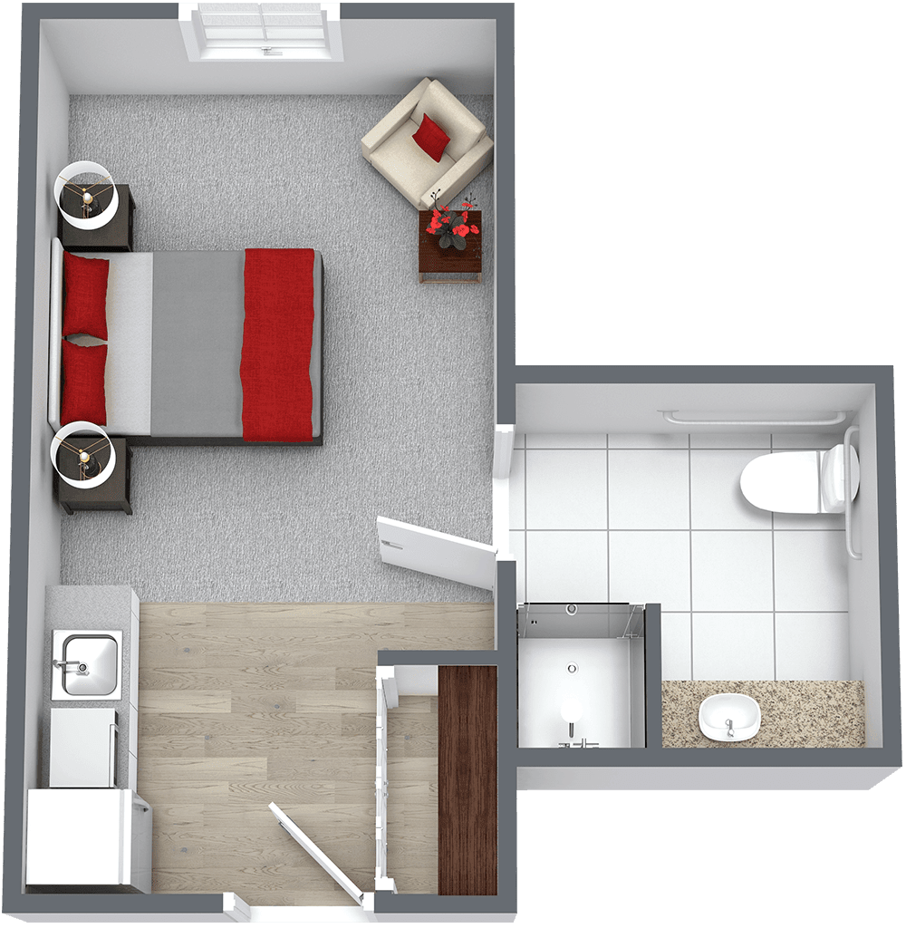 A compact studio apartment floor plan featuring a bedroom area, kitchenette, and bathroom.