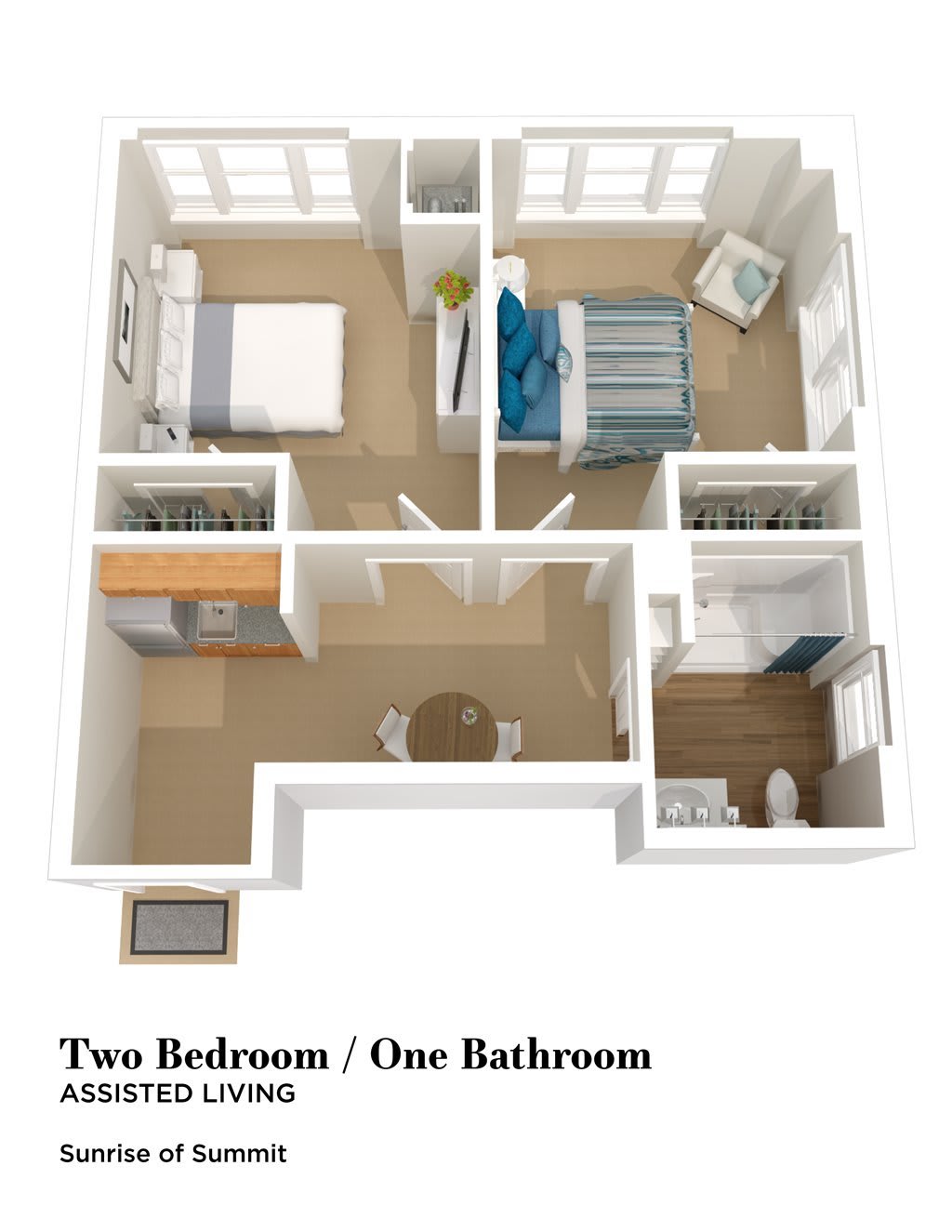 A 3D floor plan of a two-bedroom, one-bathroom apartment.