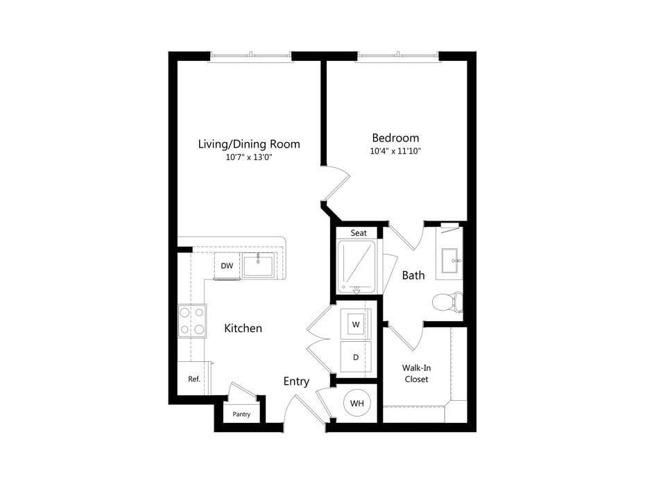 A floor plan of a one-bedroom apartment with labeled areas for living/dining, kitchen, bathroom, and closet.