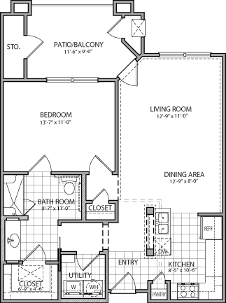 A floor plan of a one-bedroom apartment featuring a living room, dining area, kitchen, bathroom, and a patio/balcony.