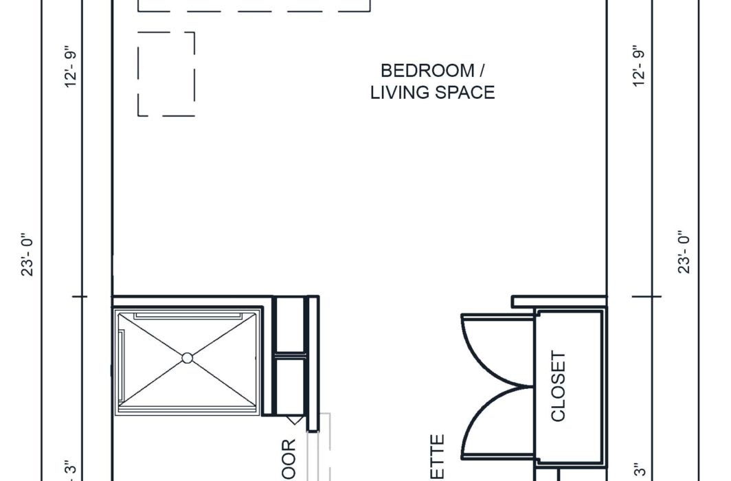 Floor plan of a combined bedroom and living space with furniture arrangement.