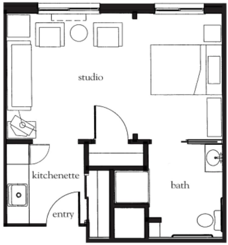 Floor plan of a studio apartment with kitchen, bathroom, and living area.