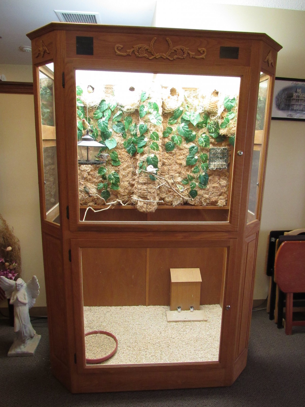 A large indoor wooden bird cage with branches and plants, designed to mimic a natural habitat.
