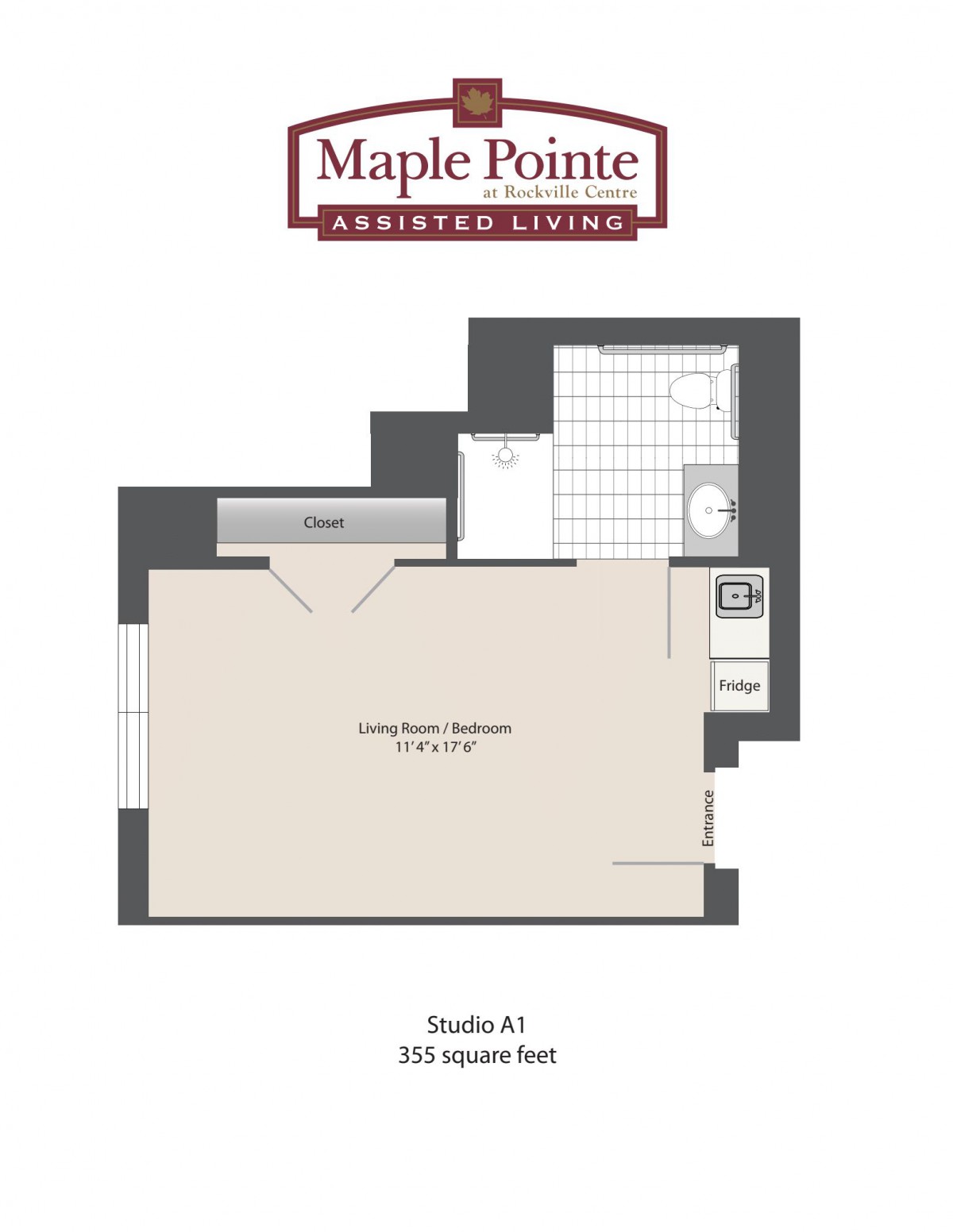 Studio floor plan for Maple Pointe Assisted Living, measuring 350 square feet.