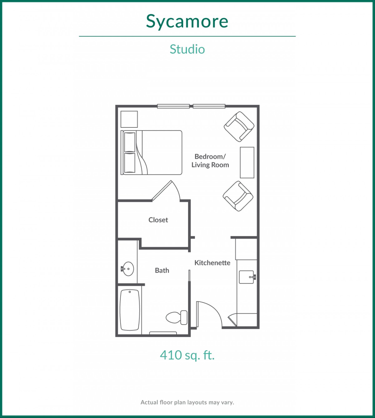 This is a floor plan for a Sycamore studio apartment, detailing the layout and dimensions.