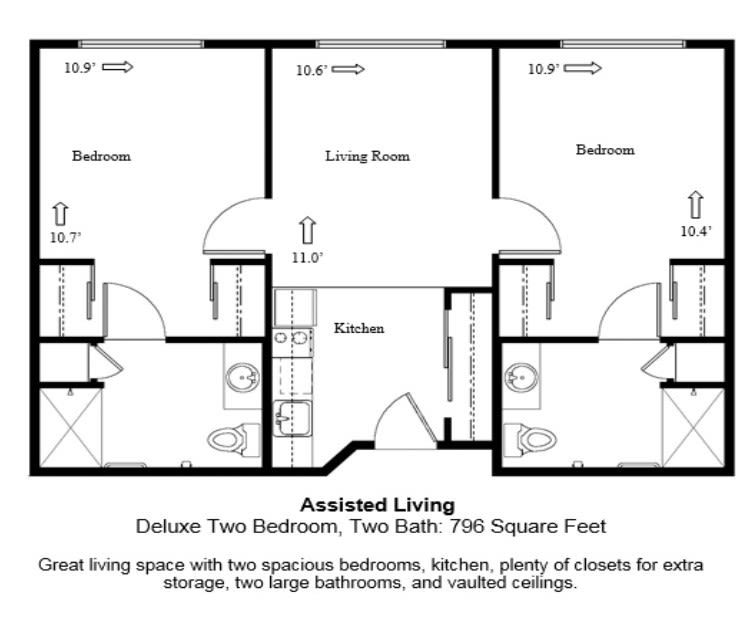Floor plan of a deluxe two-bedroom, two-bathroom assisted living space.