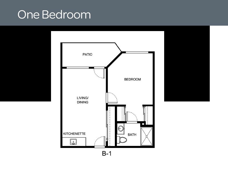 This image is a floor plan of a one-bedroom apartment, featuring a living area, kitchen, bathroom, and bedroom.
