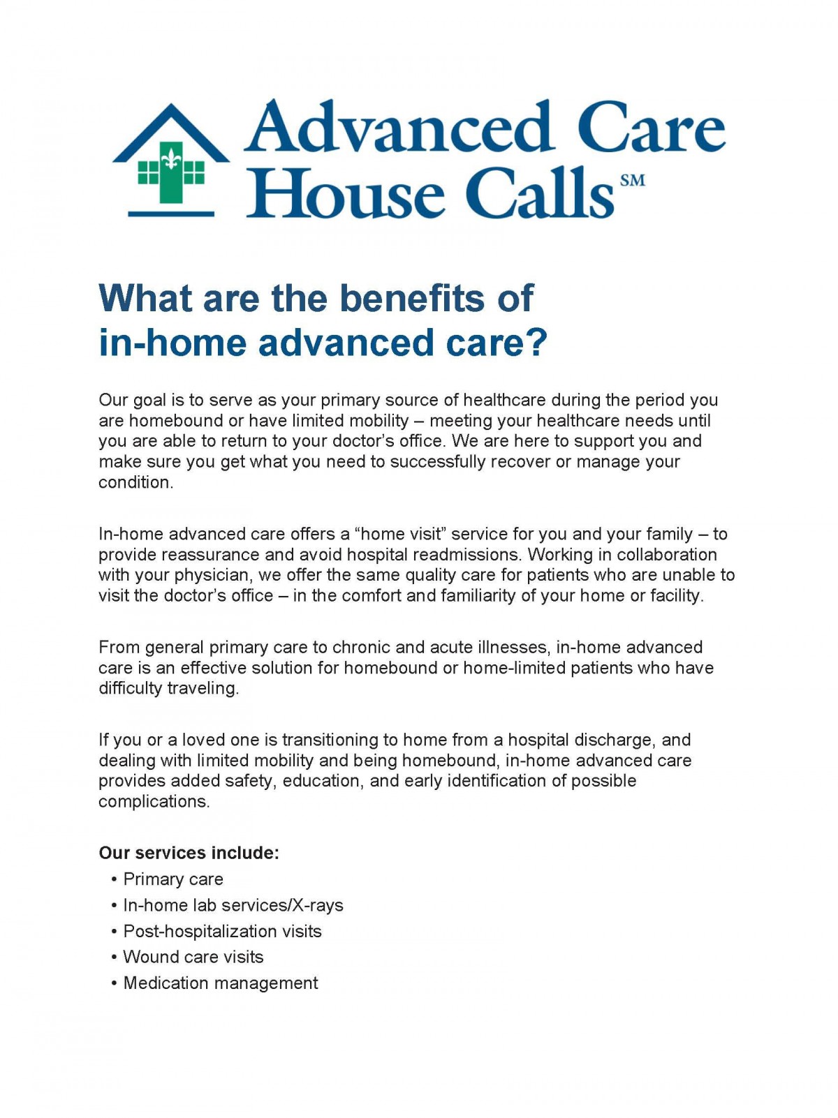 A flyer outlining the benefits and services of in-home advanced care through house calls.