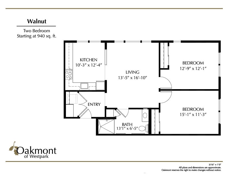 A floor plan of a two-bedroom apartment with labeled rooms and dimensions.