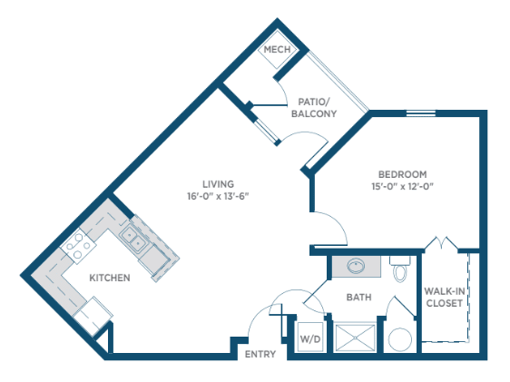 A floor plan of a one-bedroom apartment featuring a living room, kitchen, bathroom, and patio balcony.