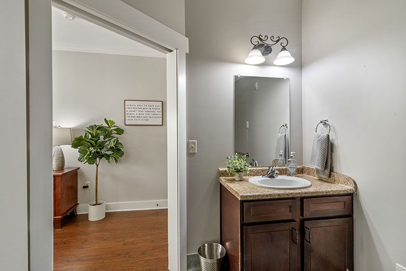 A modern bathroom with a vanity and mirror, connected to a bedroom featuring contemporary decor and a houseplant.