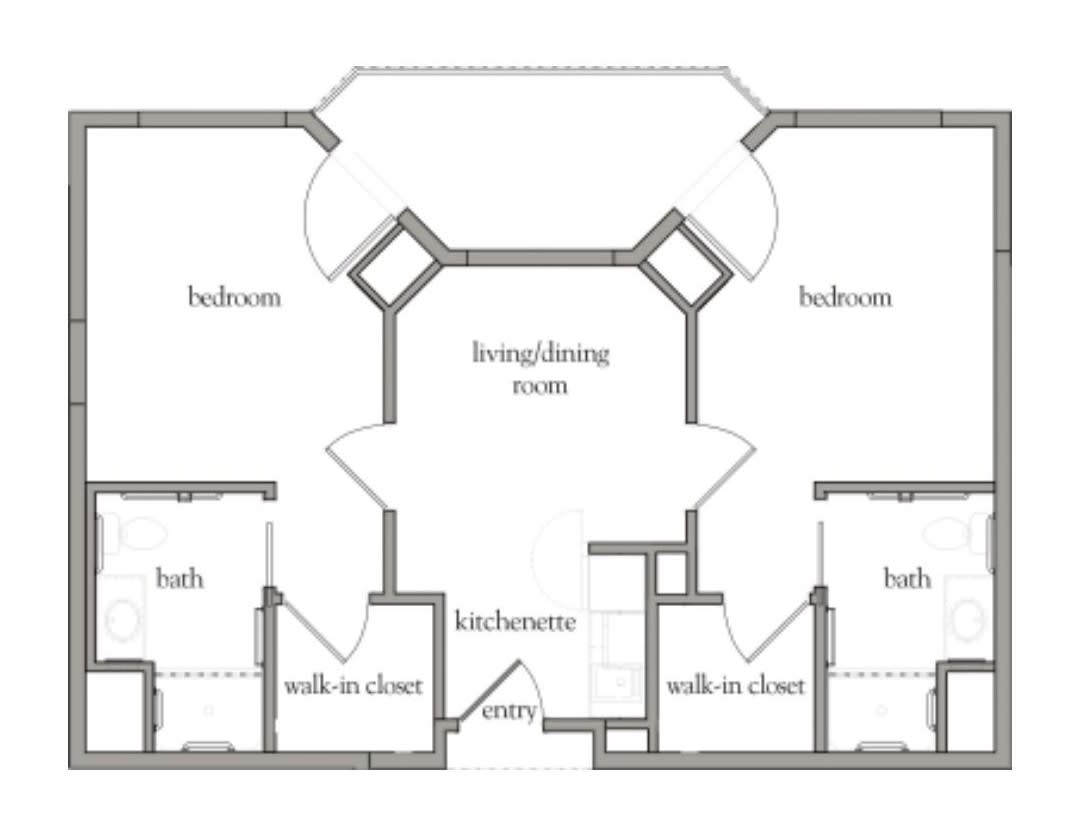 A floor plan showing the layout of a house with two bedrooms, each with a walk-in closet and bathroom, centered around a large living room.